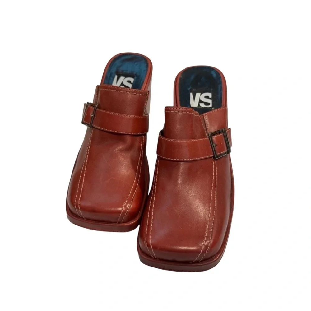 VS Deep Red Wedge Clogs Slip on Mules Buckle Strap Square Toe Detail size 6 NWOT